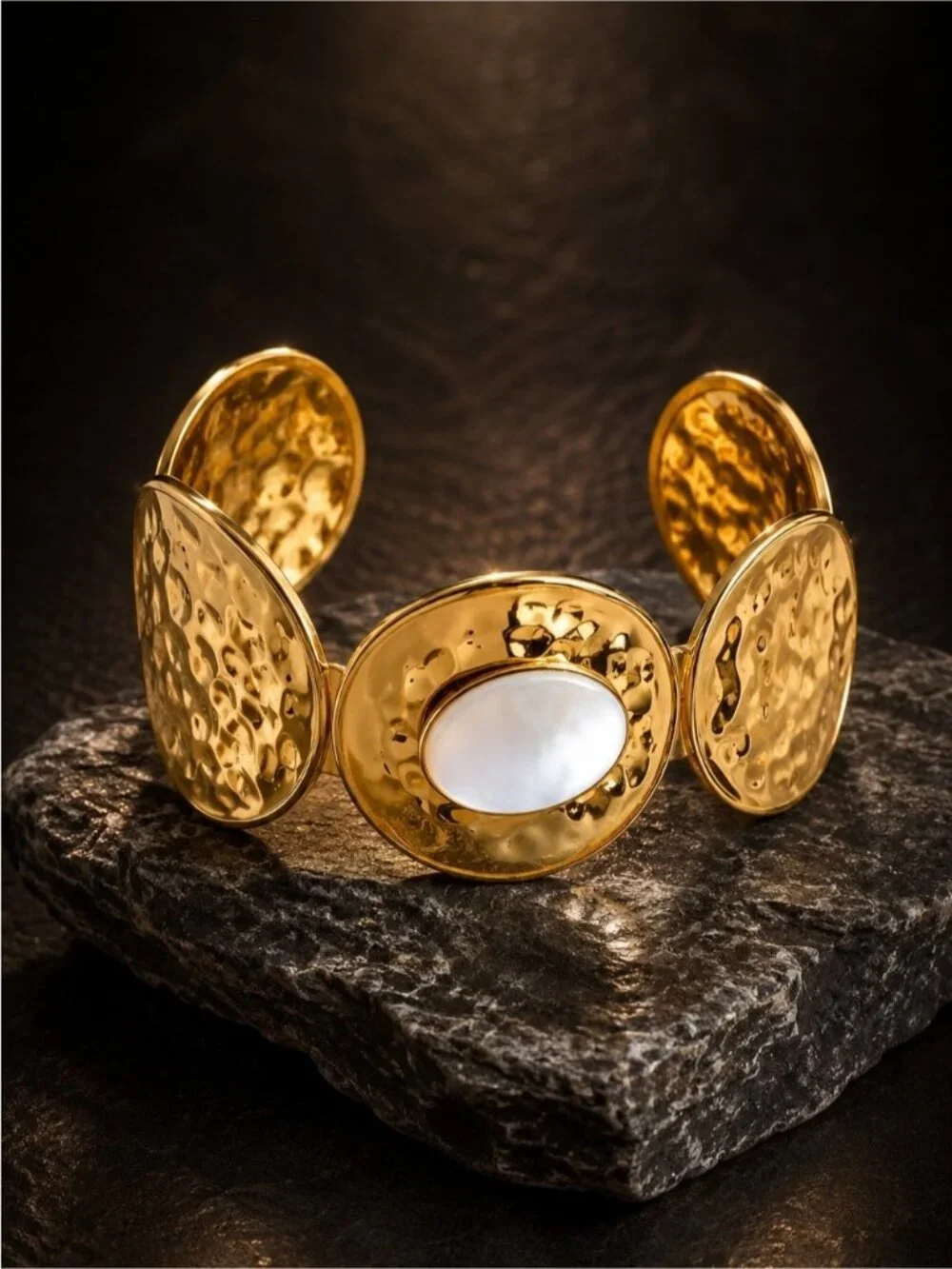 Gold Tone Cuff Bracelet with White Mother-of-Pearl Center